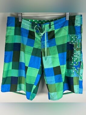 Billabong Men’s Board Shorts Size 11/36 Green Blue Plaid Embroidered Vintage Y2K